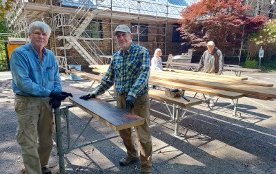 staining the wood for the roof rafters